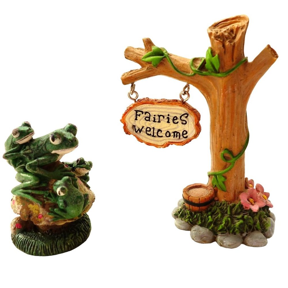 Miniature Fairy Garden Welcome Sign and Frog Family Dollhouse Garden Plant Decor